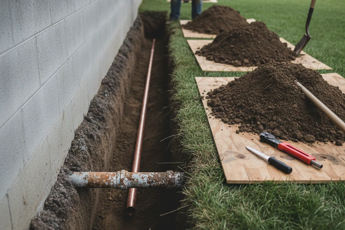 Excavated water line trench during Sewer Line Repair in Cayucos
